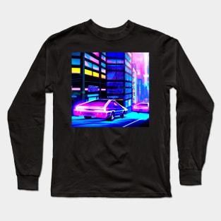 Cyberpunk car chase  in synthwave city Long Sleeve T-Shirt